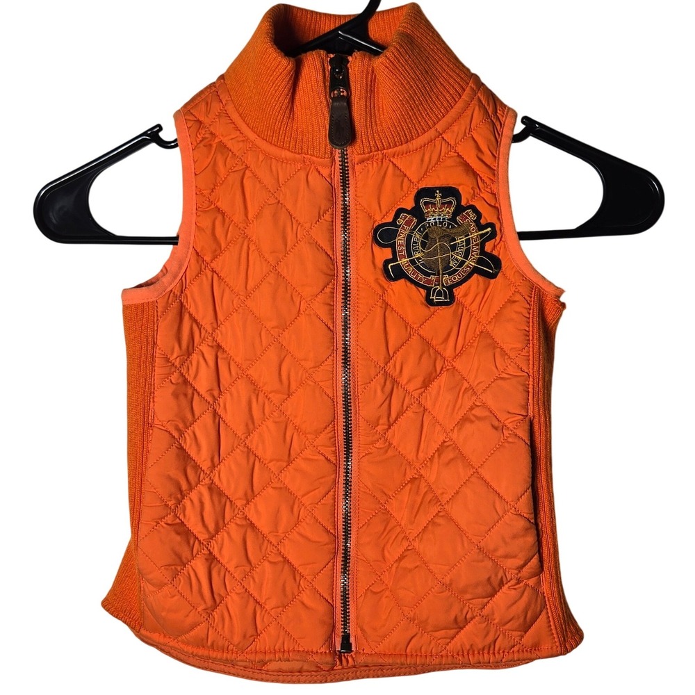 Ralph Lauren Kids Orange Challenge Quilted Equestrian Crest Vest 5 Preppy Horse
